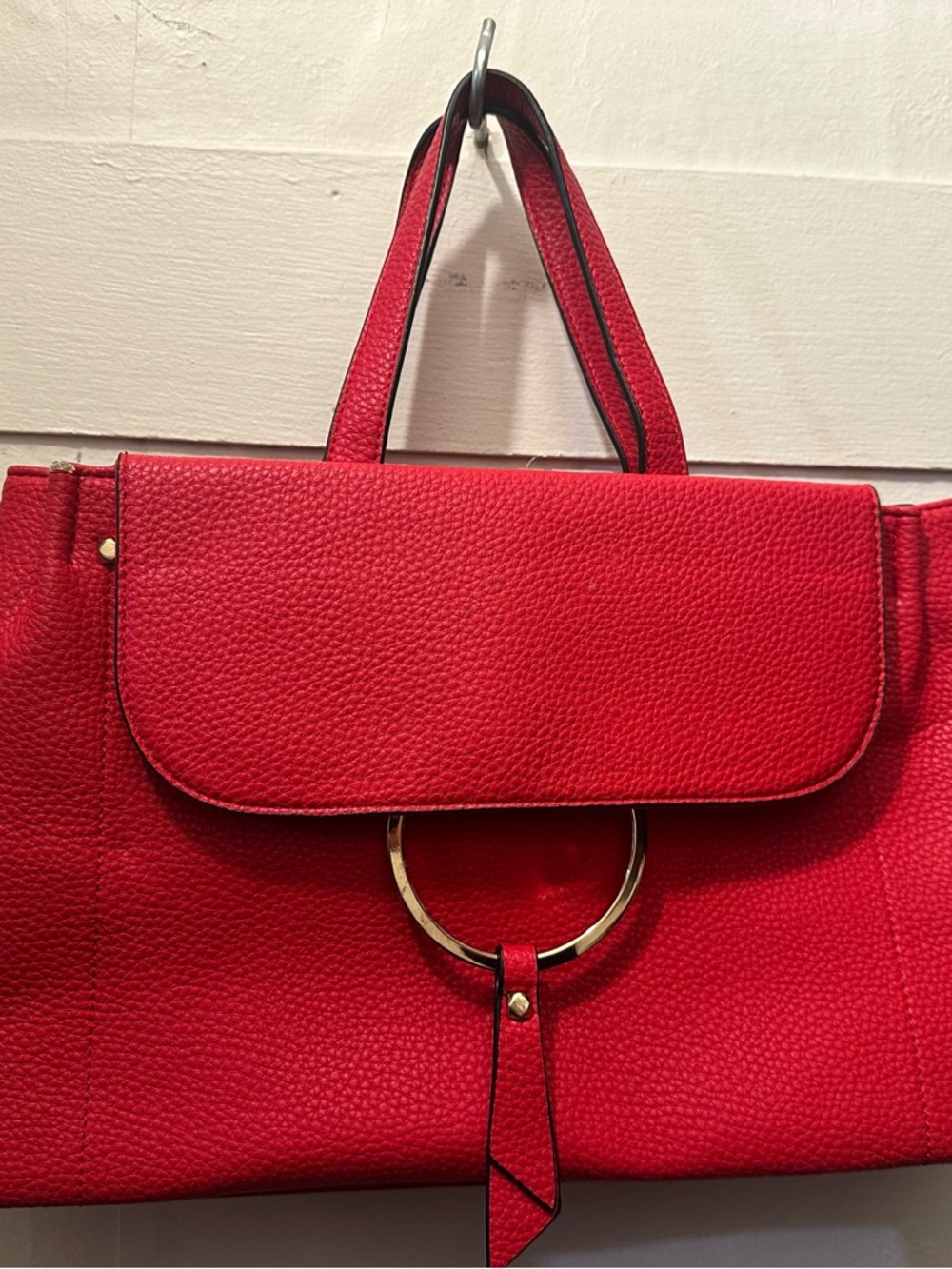 Red Vegan- Leather Structured Tote Handbag with Gold Ring Accent